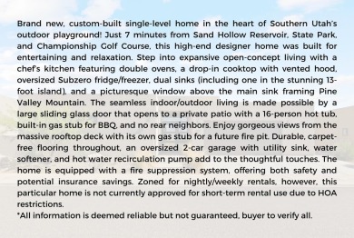 Brand new, custom-built single-level home in the heart of on Sand Hollow Golf Resort in Utah - for sale on GolfHomes.com, golf home, golf lot